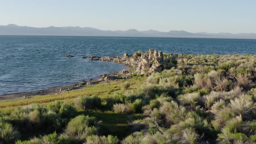 Traveling front of Tufa Pinnacles region on the shore of Mono Lake, California.