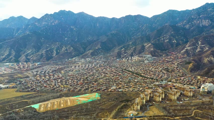 Aerial view of Jackson Hole USA Copy Town near Beijing. Jackson Hole China is a resort town on the border between Huailai County, Zhangjiakou, Hebei Province, China, and Yanqing District, Beijing.