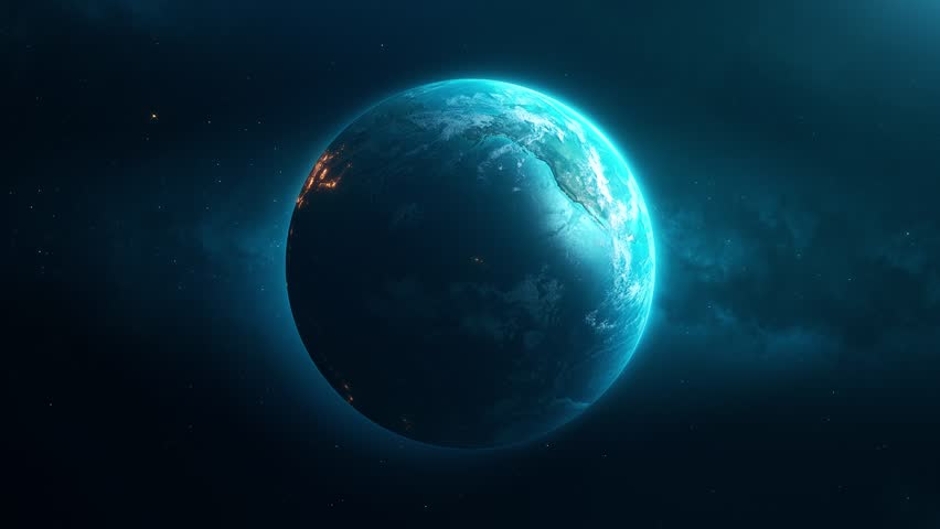 Rotating planet Earth view from the space. Concept of Global World Technology. Realistic 3d render. 4k seamless loop video