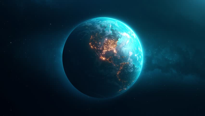 Rotating planet Earth view from the space. Concept of Global World Technology. Realistic 3d render. 4k seamless loop video