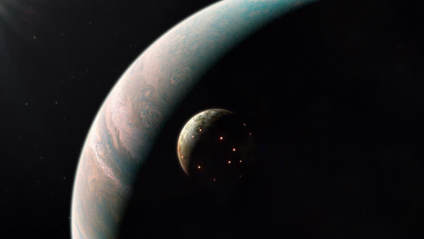 Medium Establishing Shot of the Volcanic Moon Io in Orbit of the Gas Giant of Jupiter