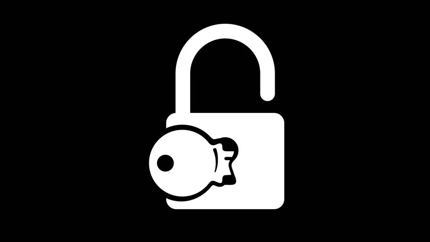 A lock with a key, closed and then opened, graphic animation. White. Transparent background motion design. 4K resolution