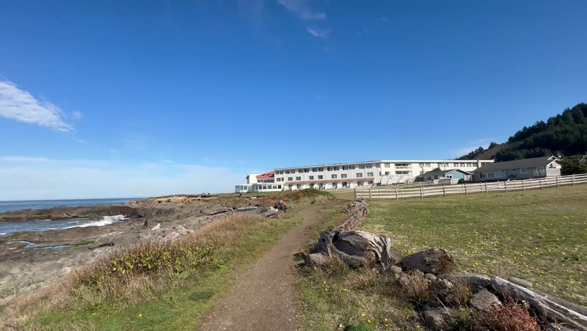 Walking to the Overleaf Lodge and Spa, on a beach trail in Yachats Oregon USA.