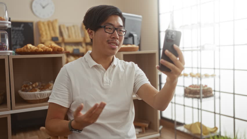 Young man in a bakery making a video call indoors surrounded by bread and pastries