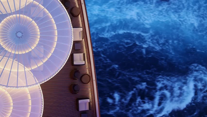 Top view of sea and waves of sailing ship. Lounge promenade deck on cruise liner. Taken from hand