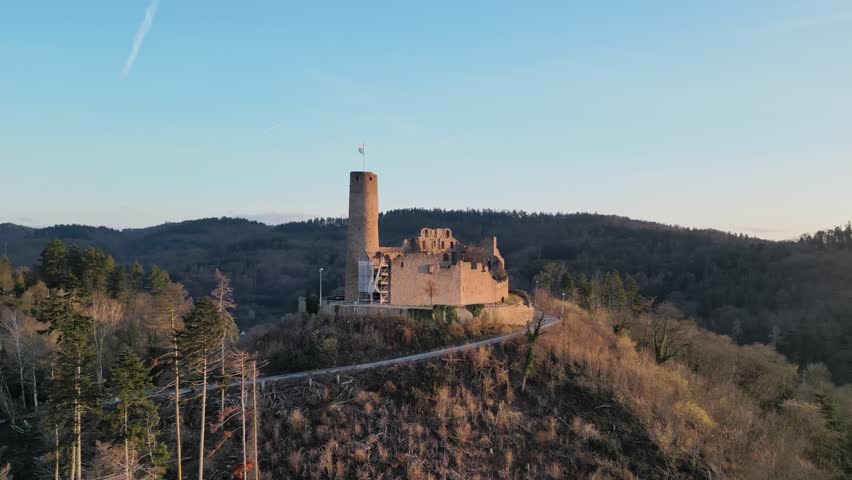 Aerial view of Weinheim Castle close to a German village, at sunset
