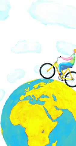 Woman man couple riding a bicycle around the earth vertical. Zoom clouds version. Paint hand made cartoon style crayon and oils animated. Titles journey travel theme. Motion design graphic animation.
