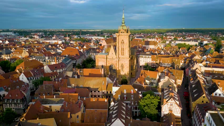 4K Aerial Drone Video of the Historic Collégiale Saint-Martin de Colmar Church in Colmar, France