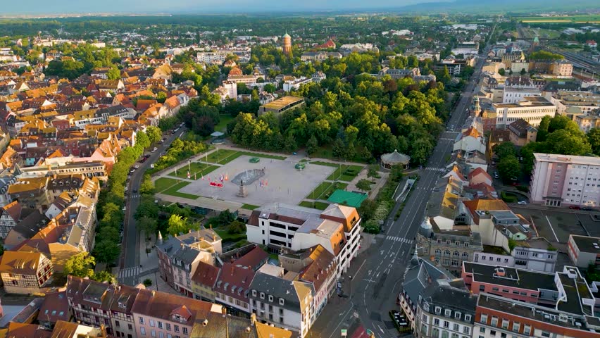 4K Aerial Drone Video of the Parc du Champ de Mars Park in Colmar, France