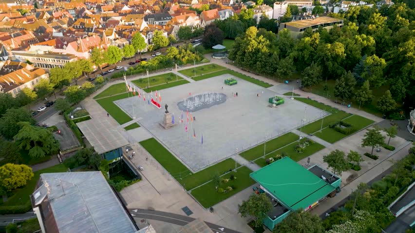 4K Aerial Drone Video of the Beautiful Fountains and Statue at the Parc du Champ de Mars Park in Colmar, France