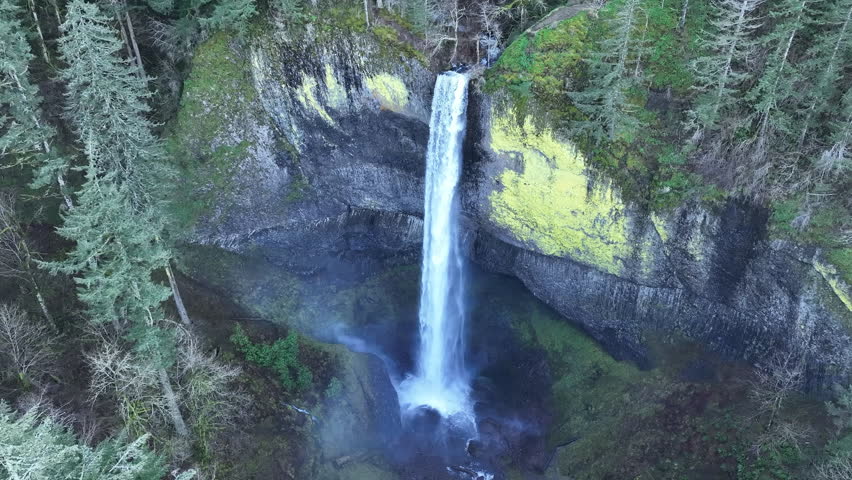 The impressive Latourell Falls flows out of a healthy forest in the Columbia River Gorge National Scenic Area, Oregon. The gorge, not far from Portland, contains a plethora of beautiful waterfalls.