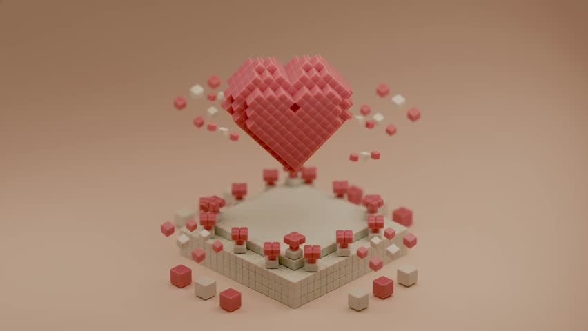 Heart shaped data block made with cubes. 3d pixel style vector illustration in voxels