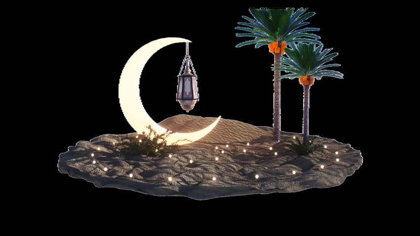 Islamic place holder of ramadan and Eid al fitr, ramadan qur'an lantern, light moon, palm tree and sand moving in circles on alpha channel. Muslim religious holiday festival End of Ramadan