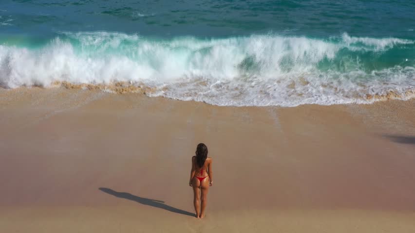 An epic aerial shot of a woman in a bikini standing on a sandy beach, facing powerful ocean waves. Ideal for travel, adventure, and tropical lifestyle concepts. 