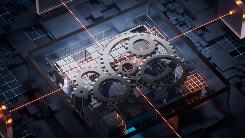 Gears with technological circuit background, 3d rendering. Motion graphic.