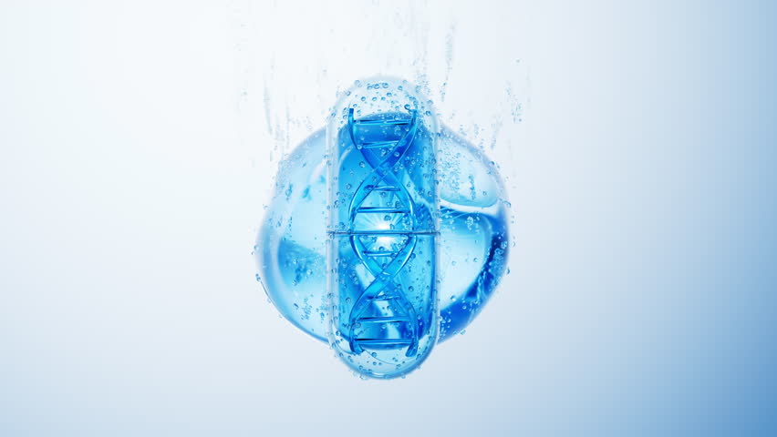 Transparent medical capsule and water bubbles underwater, 3d rendering. Motion graphic.