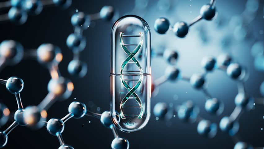 Medical capsule with transparent molecules background, 3d rendering. Motion graphic.