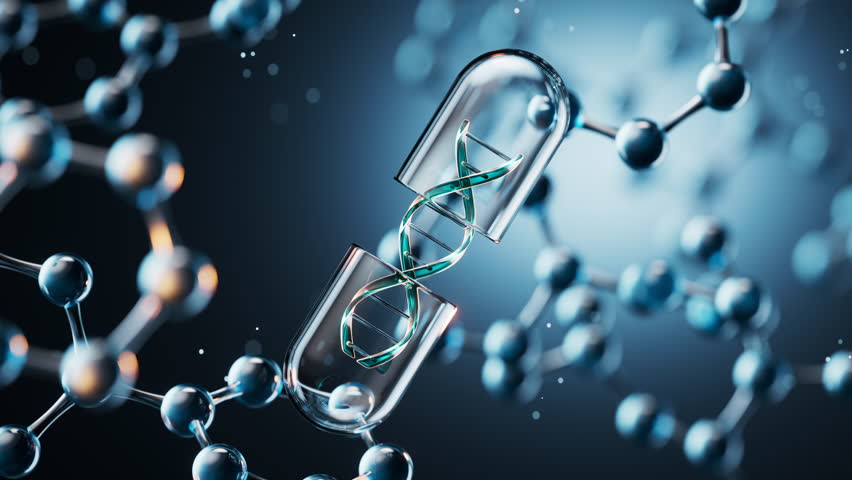 Medical capsule with transparent molecules background, 3d rendering. Motion graphic.