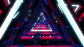 An abstract illustration of an infinite triangle-shape tunnel with glowing neon lights on a black background - Powered by Shutterstock - Get 15% off with code: PIKWIZARD15