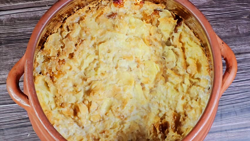 Traditional Arabic Egyptian Eastern dessert cuisine called Om Ali, Egyptian Bread Pudding in a brown bowl pottery casserole made of milk, Egyptian bread roqaq, cream, nuts Egypt sweet pastry dessert
