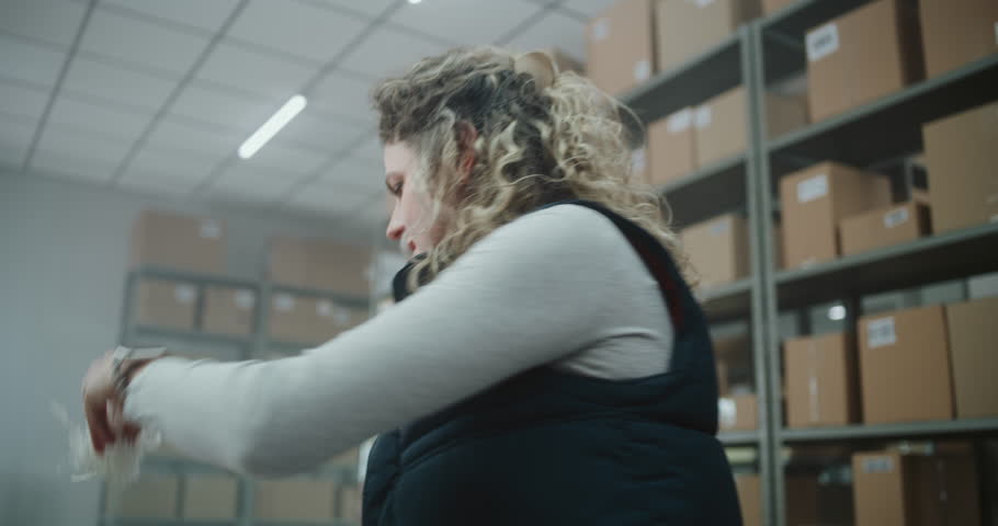 Close Up of Female Shipping and Receiving Clerk Packing Parcels and Packages with E-Commerce Online Orders, Goods, Preparing for Delivery to Clients. Warehouse Facility, Postal Service Sorting Center.