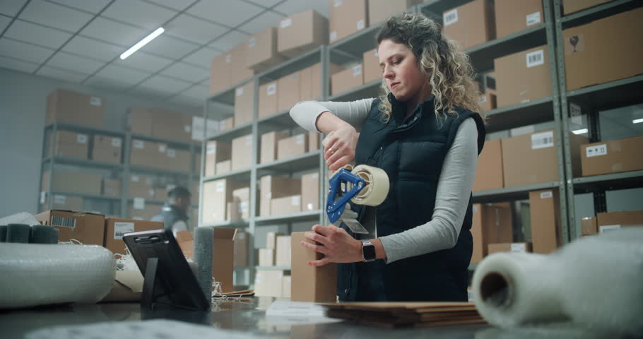 Female Warehouse Clerk, Postal Worker Packs Cardboard Box with Online Order, Prepares Parcel for Shipping to Customer, Uses Tablet Computer. Sorting Center of E-Commerce Store, Delivery Service.