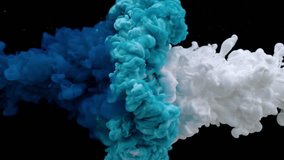 White and blue acrylic paint splash each other in water against a black background, colored ink spreads and bursts like a colorful cloud, fluorescent lighting and natural glitter. 4K. - Powered by Shutterstock - Get 15% off with code: PIKWIZARD15