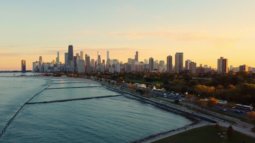 Chicago Skyline at Sunset Over Lake Michigan. Aerial view of Chicago
