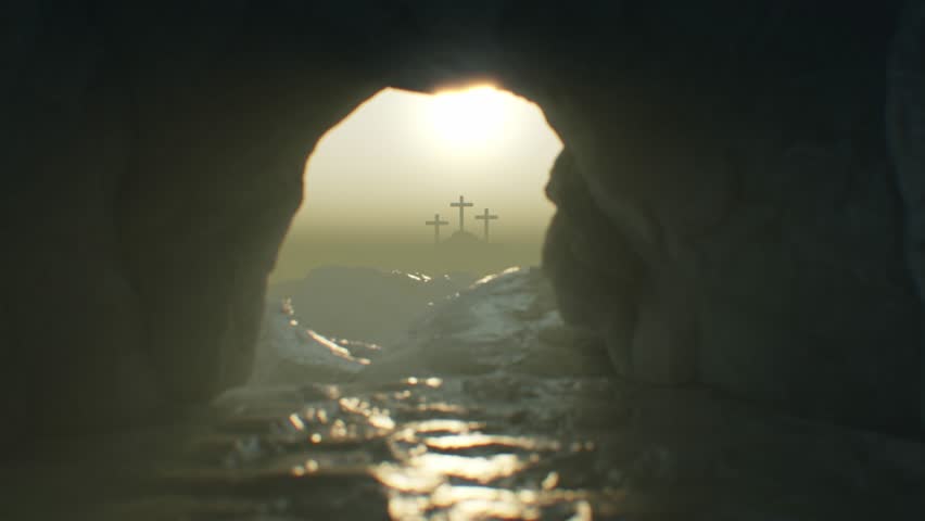 Inside Jesus' tomb, the stone shifts, exposing Golgotha with three crosses outlined by sunlight on a hill. The camera pans to connect the sacred locations.