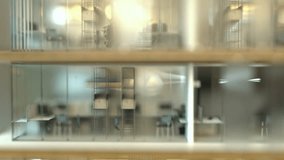 Animation 3d: A scale model of a sustainable skyscraper with greenery, glass facades, and renewable energy systems is displayed in a room adorned with flowers. - Powered by Shutterstock - Get 15% off with code: PIKWIZARD15