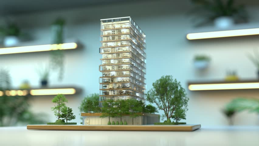 Animation 3d: An architectural model of a sustainable skyscraper with renewable systems and green surroundings is showcased in a flower-filled room on a table.