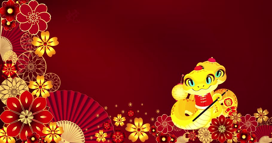 Chinese New Year | Lunar New Year | The Year of Snake - Two Snakes, Flowers, and Fans. Chinese Translation: "Happy new Year, good health, and may all your wishes come true."  • sstkLunarNewYear