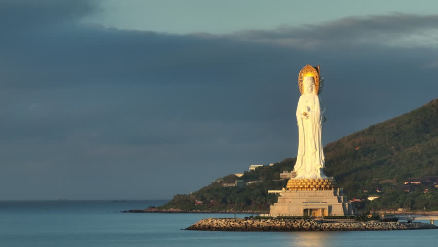 Aerial footage of Guanyin statue at seaside in nanshan temple, hainan island , China