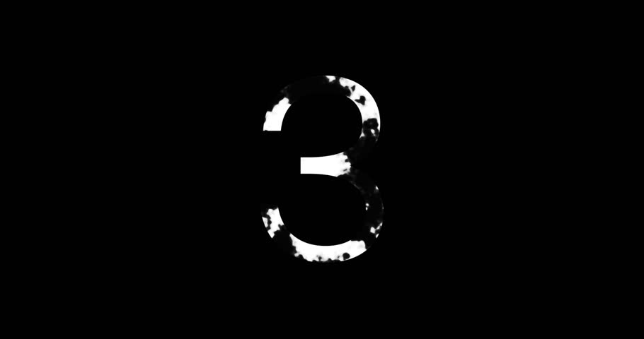 A striking black and white image of the number three, stylized with an ink splatter or paint splatter effect.