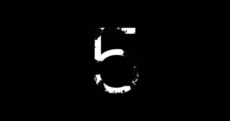 A stylized, white number five, rendered in a distressed, ink-splattered or paint-splattered design, stands out against a solid black background.