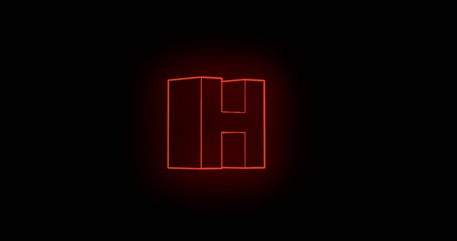 A bold, stylized, neon-red "H" letter graphic, rendered in a 3D block-style.