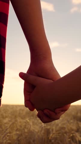 Child, parent holding hands close-up on field in sun rays. Happy family. Father son stretching hands to each other walking together in nature. Family trust. Dad walking with child in summer, sunset