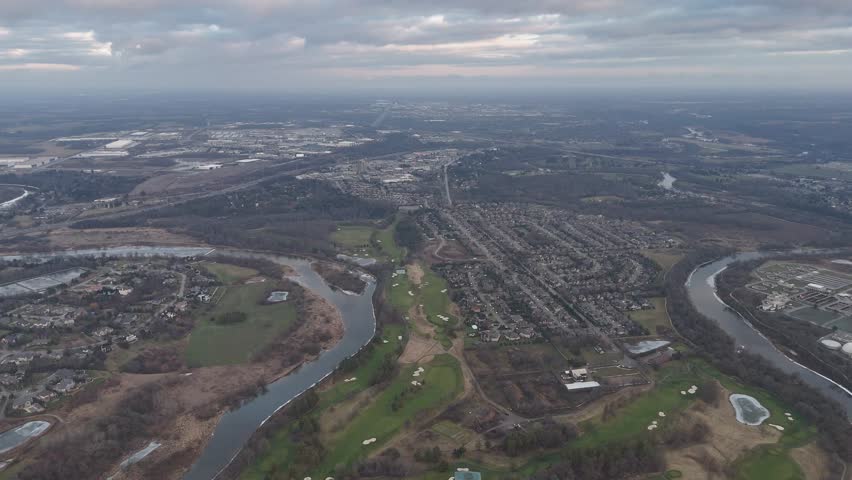 A drone view of Kitchener, Ontario from above on a cloudy day in Canada