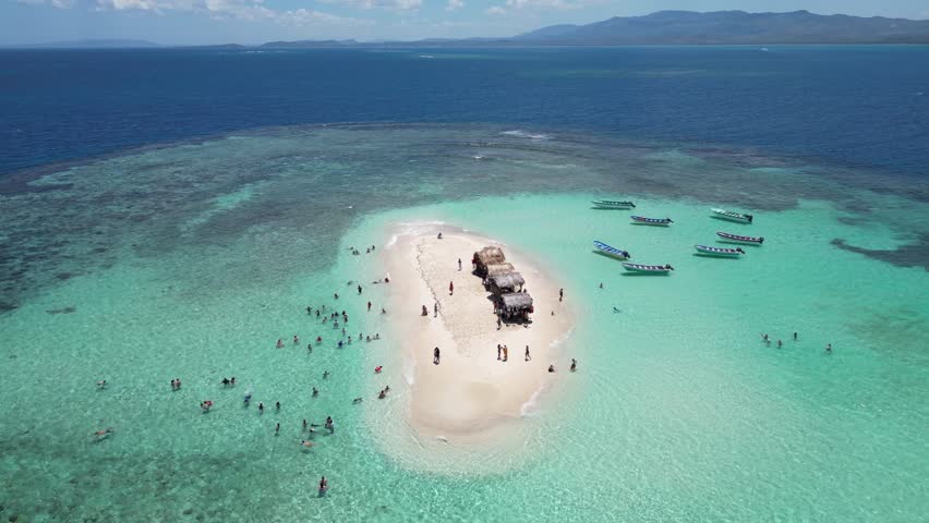 Aerial view of popular tourist destination Cayo Arena located off the north coast of the Dominican Republic near resort town Punta Rucia