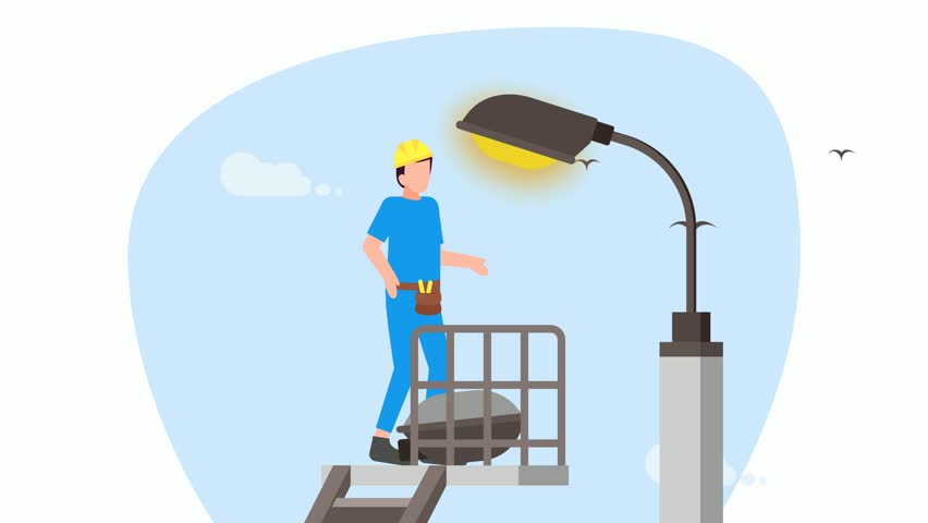 electrician changing a broken street light bulb animation,  Municipality Worker wearing Safety harness on crane bucket animated video, Power Supply wiring Clip, Handyman Repairman tools footage motion