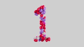 3D animation in 4K with isolated alpha channel on a transparent background: colorful heart-shaped balloons form the number one. Perfect for romantic, festive, or educational themes - Powered by Shutterstock - Get 15% off with code: PIKWIZARD15