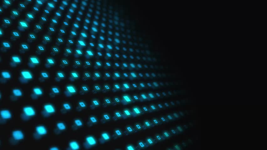 A glowing blue grid network of blinking digital data lights and floating particles. Abstract geometric shiny motion background
