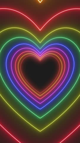 Vertical video animation of many hearts in neon rainbow color on dark background - abstract background - seamless loop.