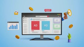 Online advertising concept. Digital marketing, product ads, promotion, campaign or services advertisement. Social media advertising on a computer. 4K 3D animation - Powered by Shutterstock - Get 15% off with code: PIKWIZARD15
