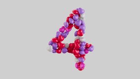 3D animation in 4K with isolated alpha channel on a transparent background: colorful heart-shaped balloons form the number  four. Perfect for romantic, festive, or educational themes - Powered by Shutterstock - Get 15% off with code: PIKWIZARD15
