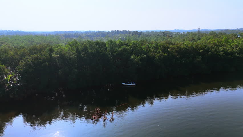 Little motor boat stands at the waterfront overgrown with thick lush forests. Drone footage rising above the waterscape in Sri Lanka.