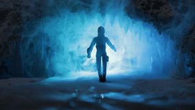 Majestic ice cave at night, illuminated by a magical glow, with mysterious silhouettes of people in a mystical and abstract atmosphere, resembling a tabletop miniature. - Powered by Shutterstock - Get 15% off with code: PIKWIZARD15