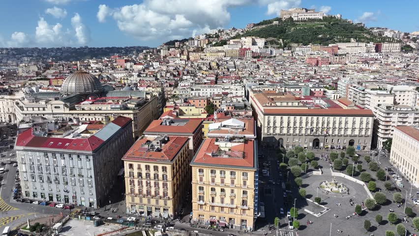 Panoramic view of Piazza Municipio and Naples cityscape, Italy