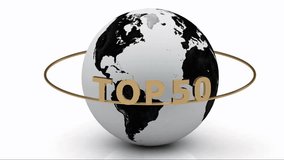 Rotating earth and the inscription gold lettering TOP 50 around the earth on a gold ring. Footage 1920x1080
