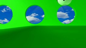 Green screen. Black and white globe rolling on the green room by passing clouds for round windows and stumbles upon the golden word Policy. Footage 1920x1080

